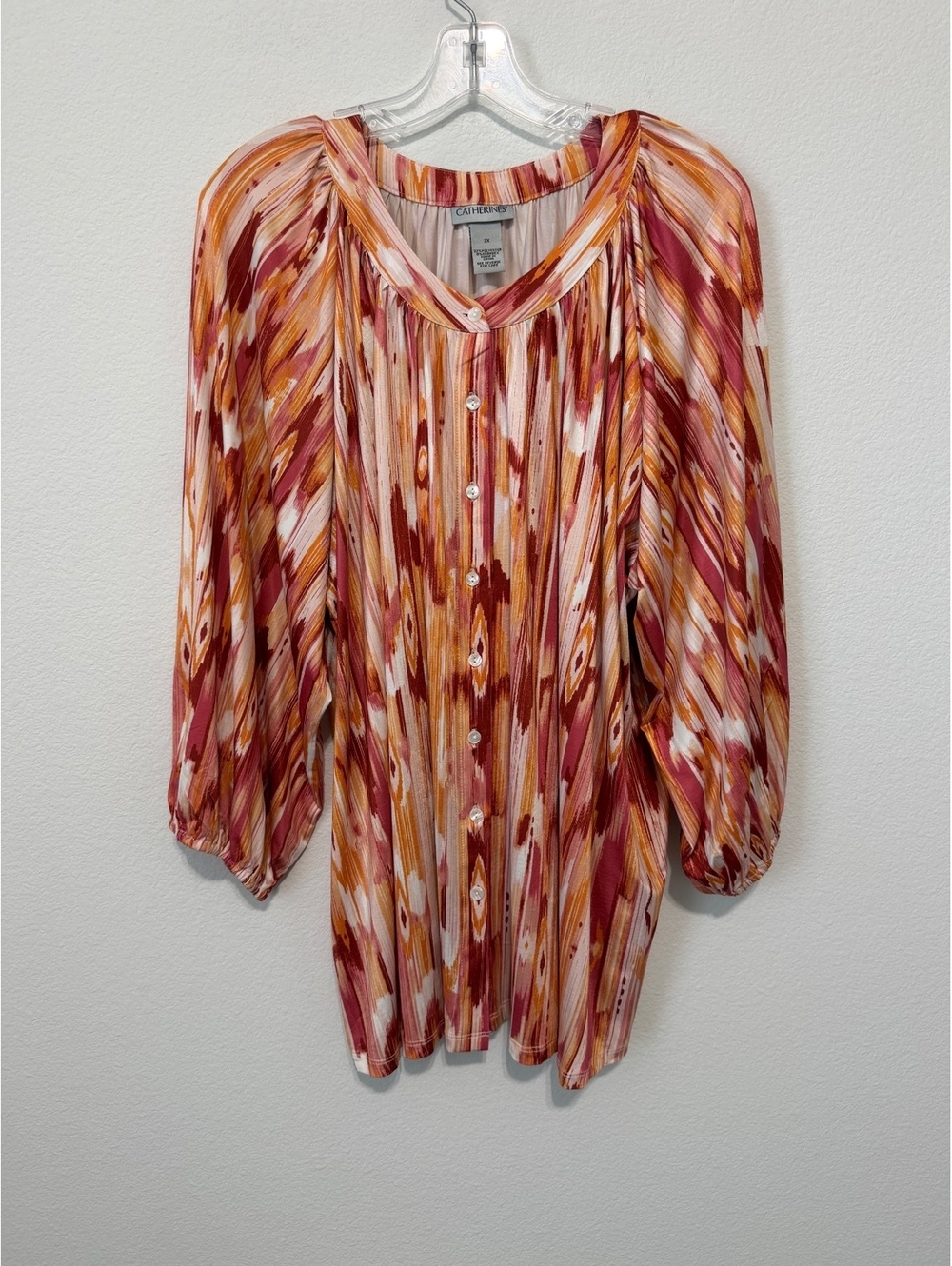 CATHERINES Raglan 3/4 Sleeve Button Up Multicolor Geo Stretch Blouse Size 3X
